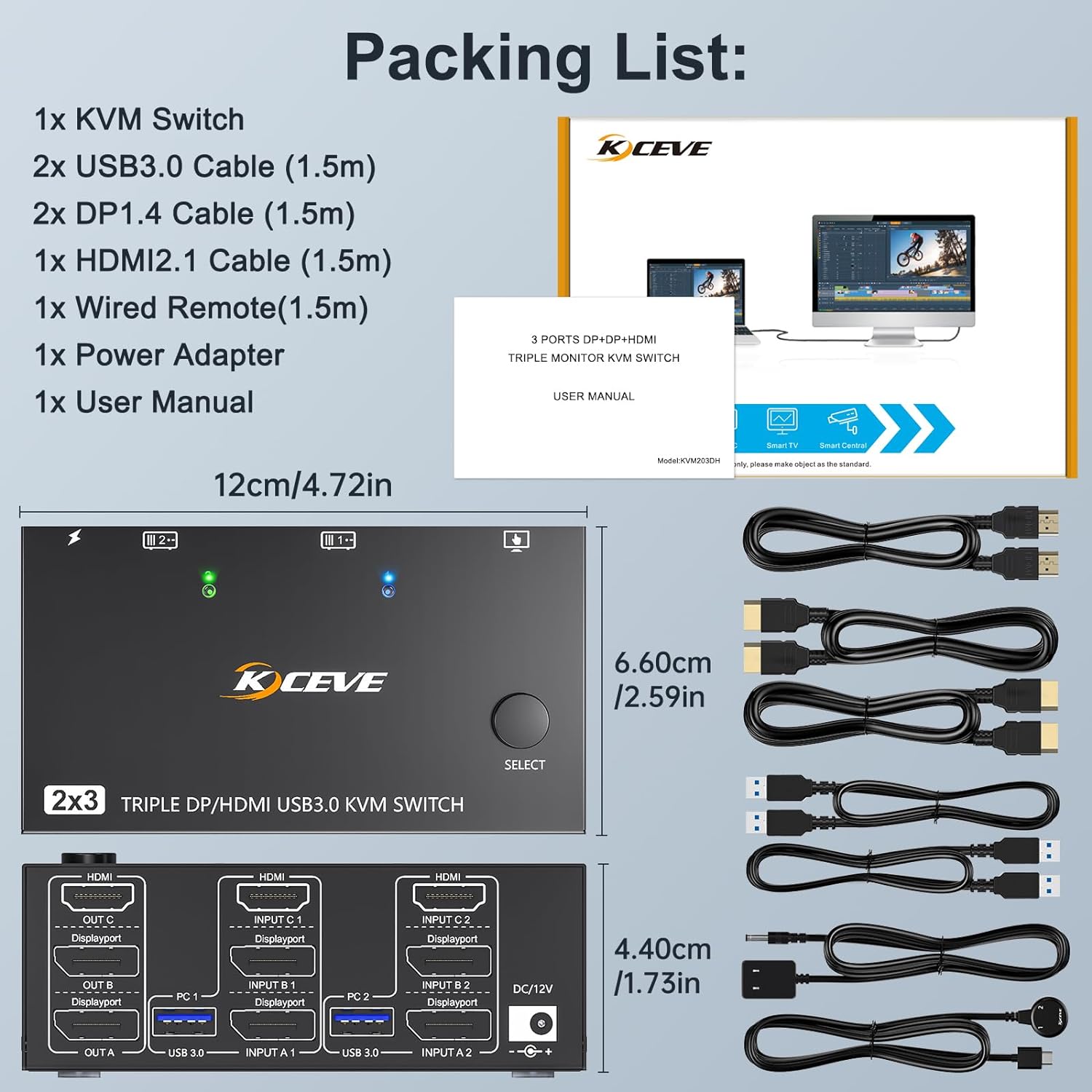 1x Triple Monitor KVM Switch, 2x DP1.4 Cable, 1x HDMI2.1 Cable, 2x USB 3.0 Cable, 1x Power Adapter,