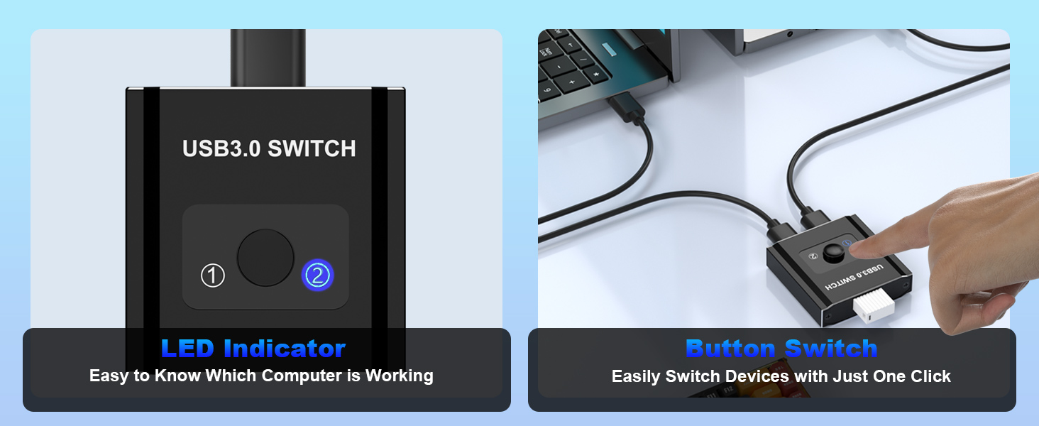 USB 3.0 Switch, Bi-Directional USB Switch 1 in 2 Out/2 in 1 Out, USB Switcher 2 Computers Sharing De