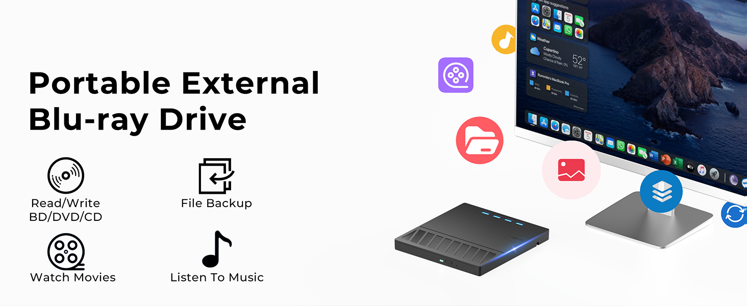 7 in 1 External Blu Ray Drive, USB 3.0 Type-C External Blu ray Player, 100GB BD write support, 3D Ex