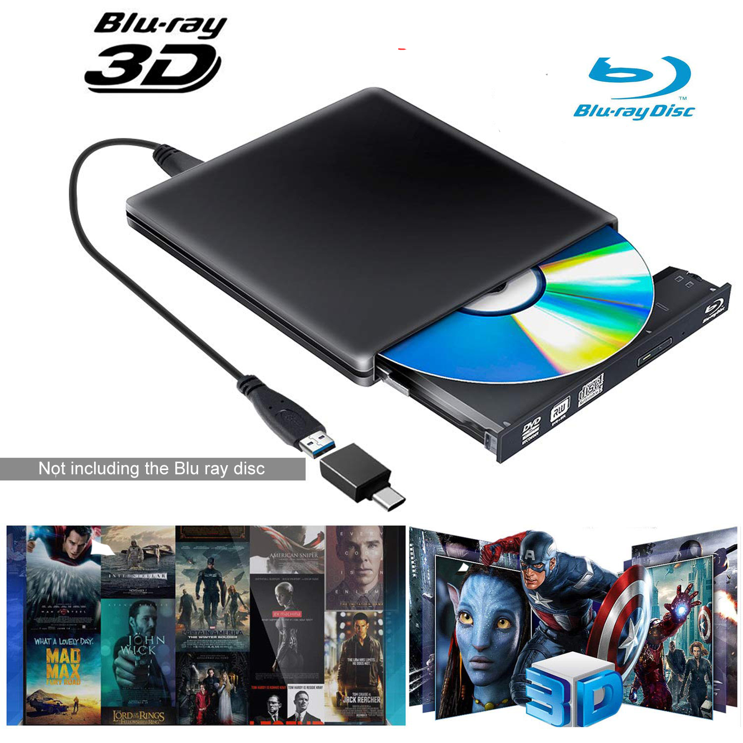 Lecteur Blu Ray Dvd externe 3D, USB 3.0 et Type-c Bluray Lecteur
