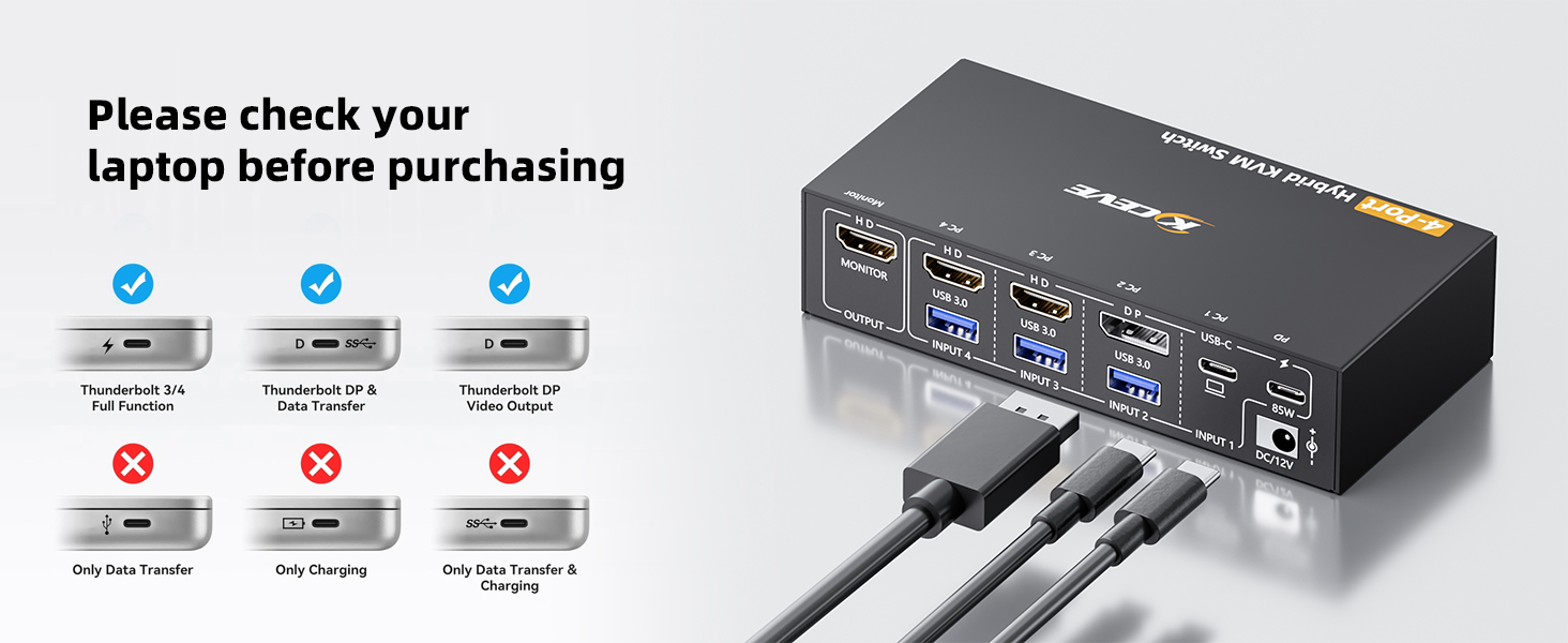 HDMI+DP+USB C 1 Monitors KVM Switch supports 4K@60Hz