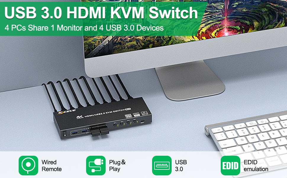 4 Port HDMI KVM Switch 4K@60Hz HDMI/USB Cables Included - J-Tech