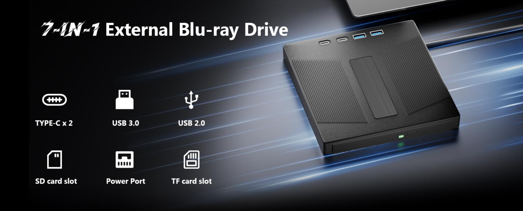 External Blu Ray Drive, 7 IN 1 Portable Blu Ray Burner USB 3.0 Type-C Blu Ray Drive Support 100G