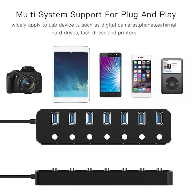 USB Hub 3.0 Powered, Aluminum 7 Ports USB 3.0 Data Hub Splitter with Adapter