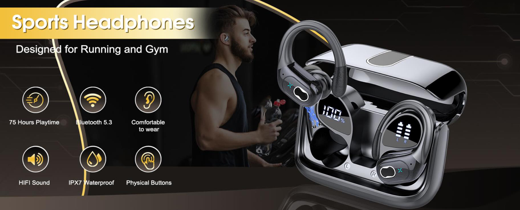 Wireless Earbuds 75hrs Bluetooth 5.4 Headphone Sport, Bluetooth Earbuds Stereo Deep Bass Over Ear Bu