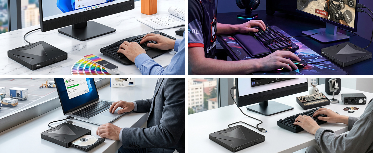 External CD/DVD Drive for Laptop Desktop, External DVD Burner Optical Drive USB 3.0 & Type-C