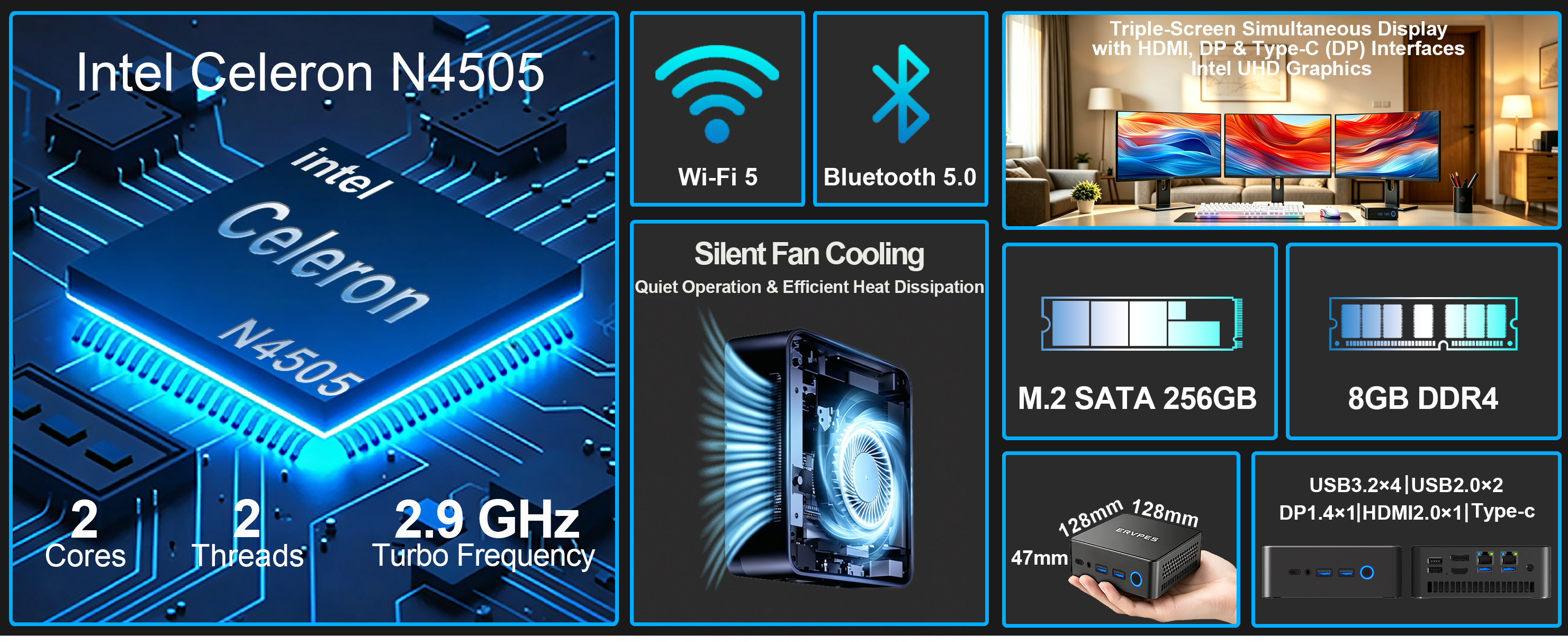 triple monitor support, WiFi 5, Bluetooth 5.0, USB 3.2, HDMI 2.0, DisplayPort, Type-C