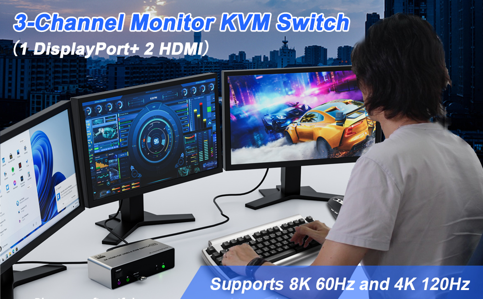 Ultra HD 8K@60Hz Triple Monitor KVM Switch Confirms to HDMI 2.1 & DP 1.4 protocol, supports a maximu