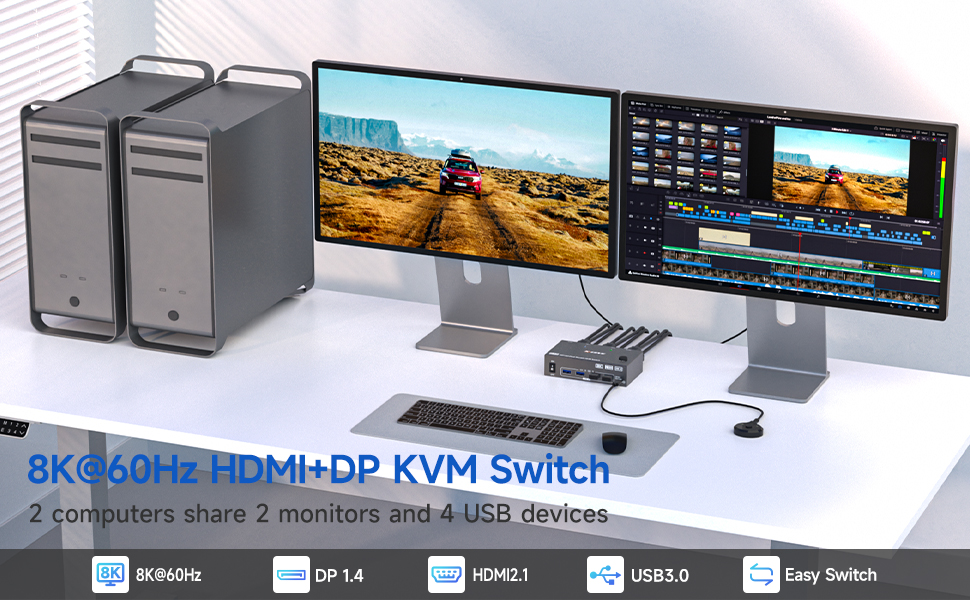 8K KVM Switch 2 Monitors 2 Computers 4K@144Hz 2 Port HDMI+DP KVM Switch Dual Monitor KVM Switches wi
