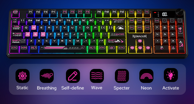 Redragon K526 PRO Wireless RGB Membrane Gaming Keyboard, LED Screen & Knob | See Battery, Mode & Tim