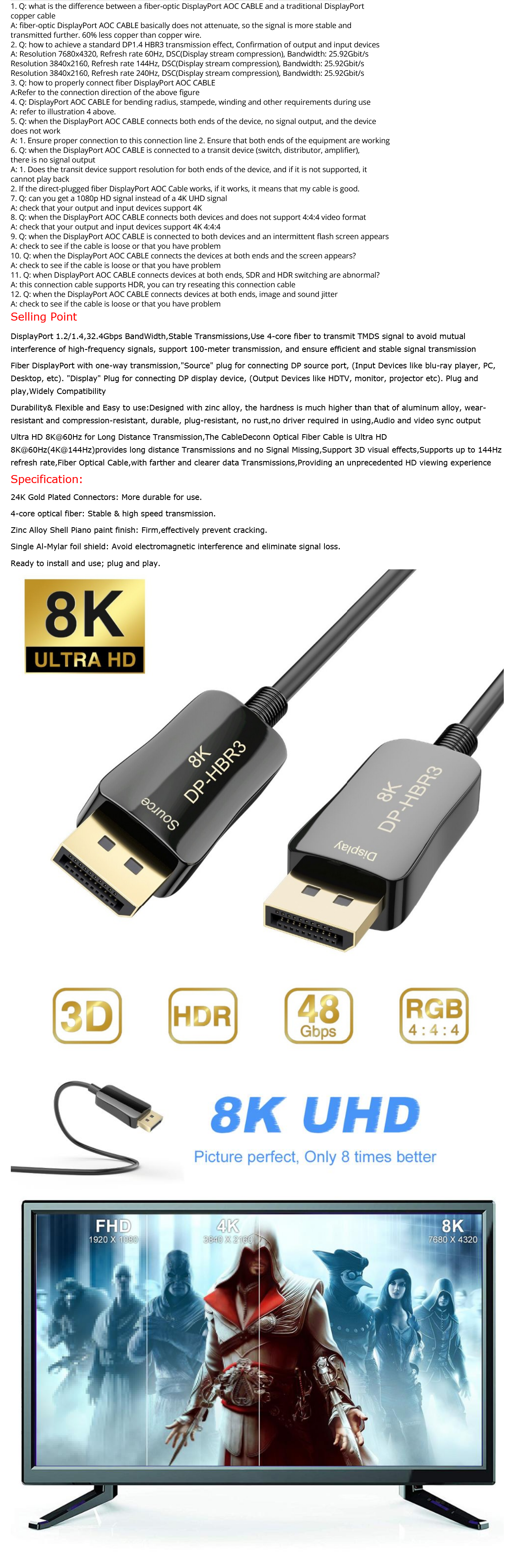 CABLEDECONN Displayport 8K Fibre Optic Cable Displayport 1.4 to
