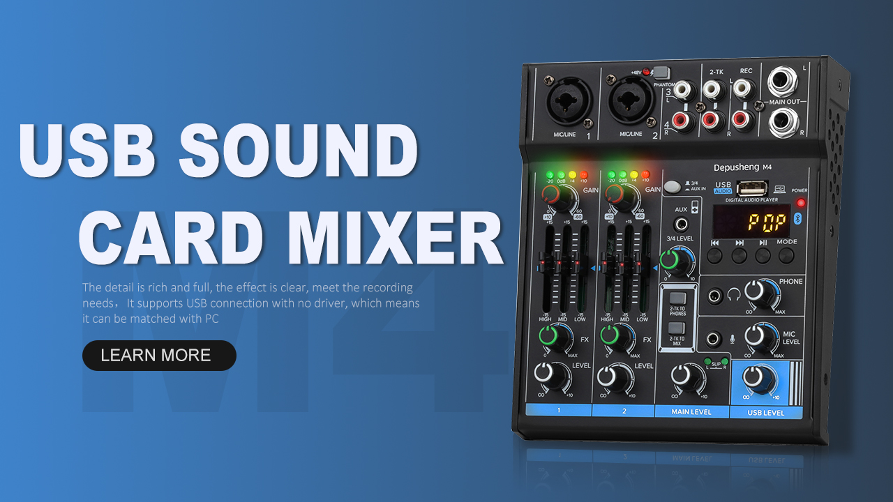 Portable Mini Mixer 4 Channel Audio DJ Console with Sound Card USB