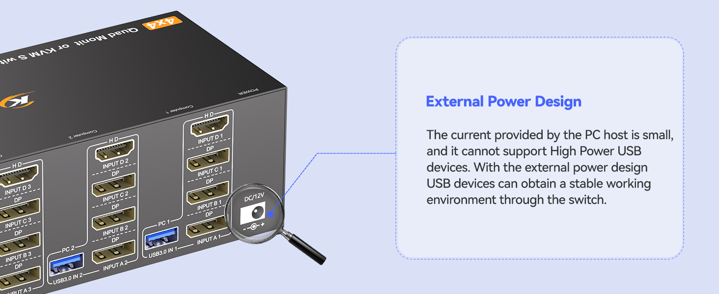 Please connect the 12V DC power adapter to provide sufficient power. Using a shorter 8K HDMI + DP ca