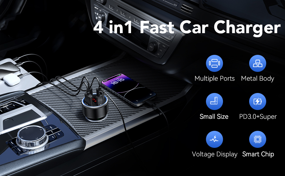 USB C Car Charger Adapter, 66W 4 Port Metal Car USB Charger with Voltmeter Dual USB C Car Phone Char