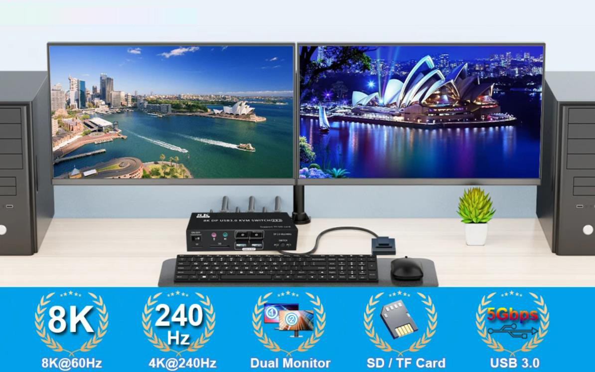 8K 60Hz KVM Switch DP 2.0 2 Port 2 Monitor Displayport KVM Switch USB 3.0  4K 240Hz PC Computer KVM