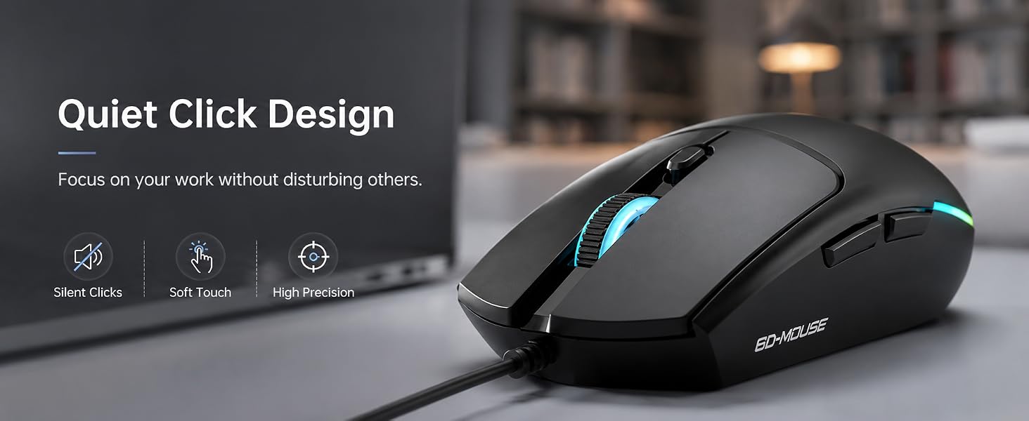 Wired Gaming Mouse RGB, 50g Lightweight Silent USB Mouse -Black | 4 DPI Levels Up To 2400, Silent Cl