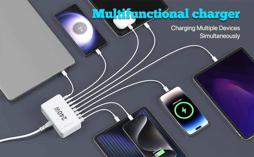 USB C Charger, 240W GaN 8 Port (4 USB C + 4 USB A port) USB Fast Charging Block, PD100W Multi-Port C