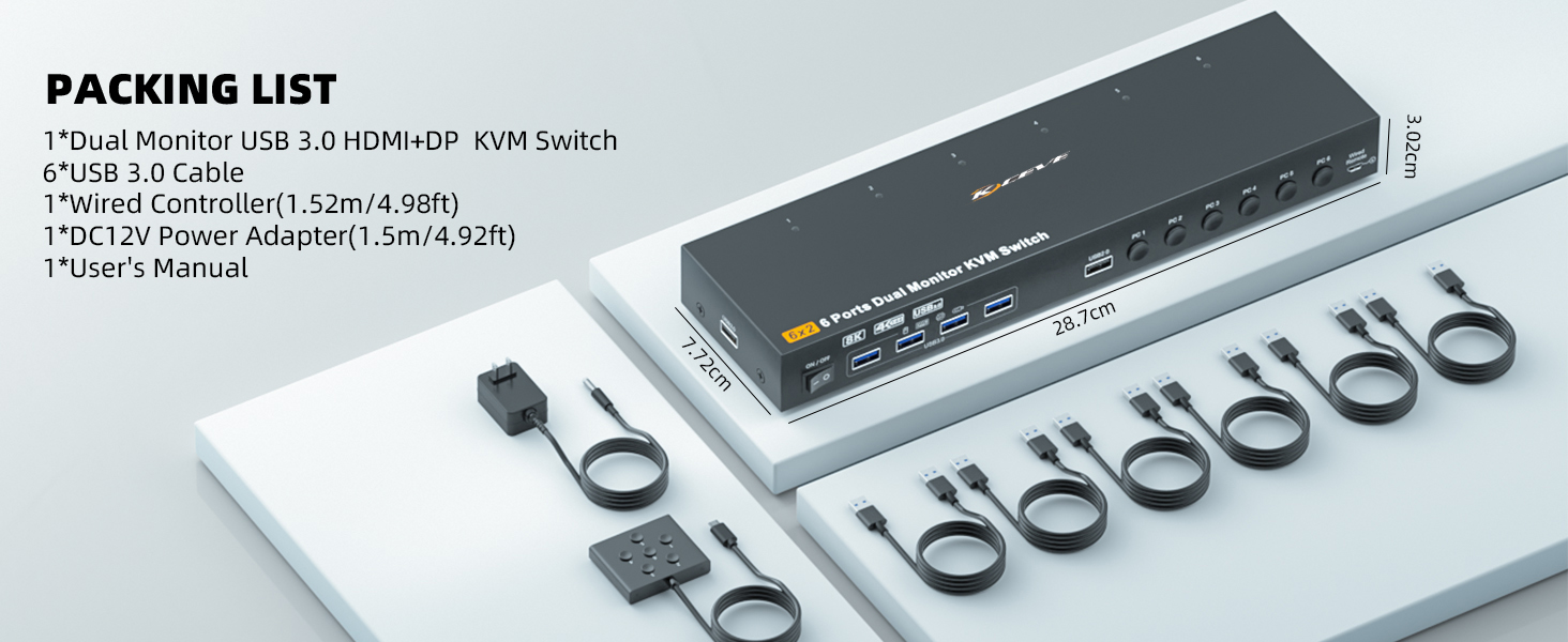 HDMI + Displayport KVM Switch 6 Computers 2 Monitors, 8K@60Hz/4K@144Hz Dual Monitor KVM Switch