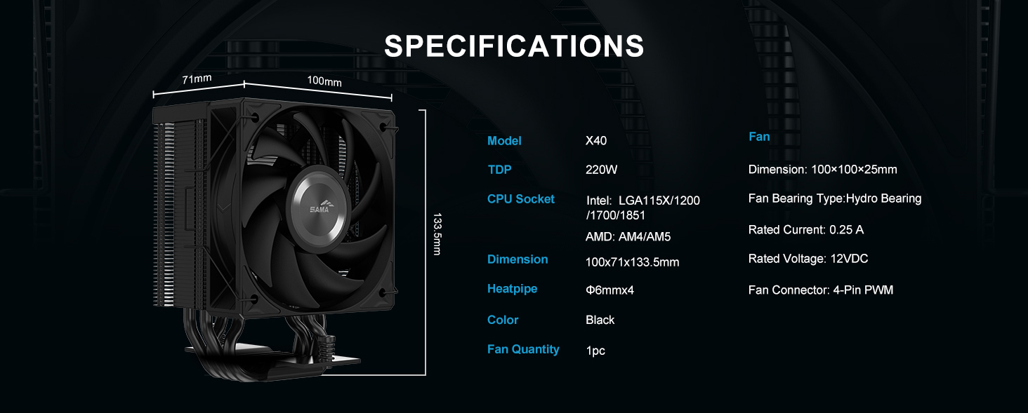 SAMA X40 Single-Tower CPU Air Cooler Black