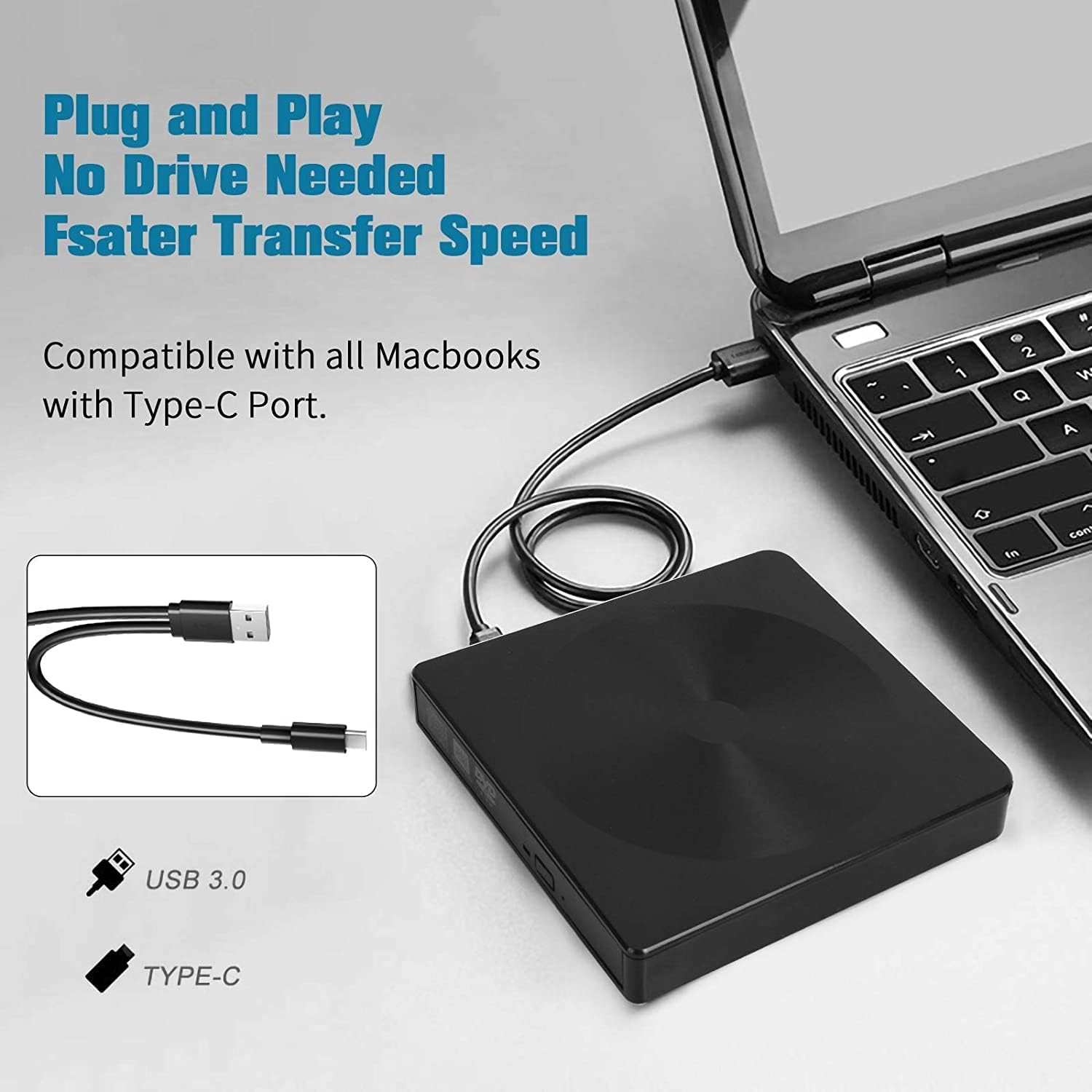 External CD DVD Drive for Laptops, USB 3.0 & Type-C Portable CD/DVD Drive and CD DVD Burner for Lapt