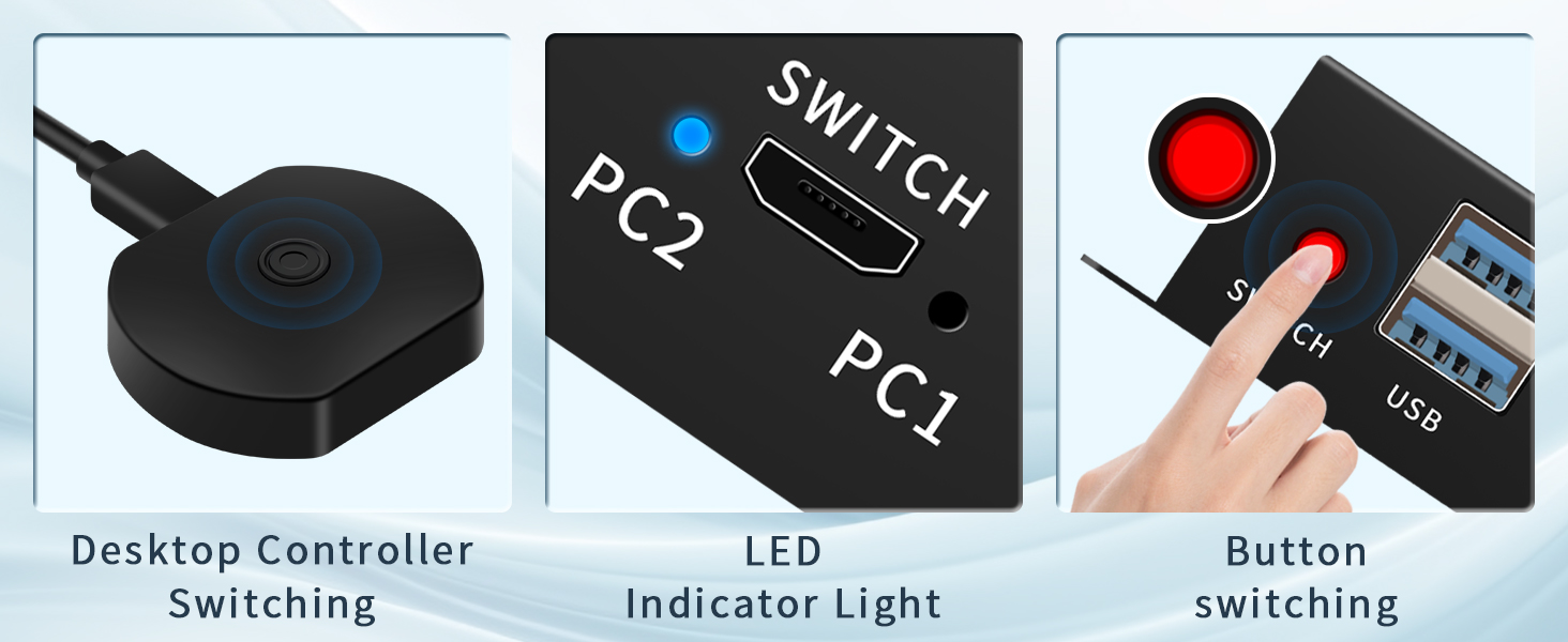 This kvm switcher has 2 switching methods: button switching and desktop controller switching, switch