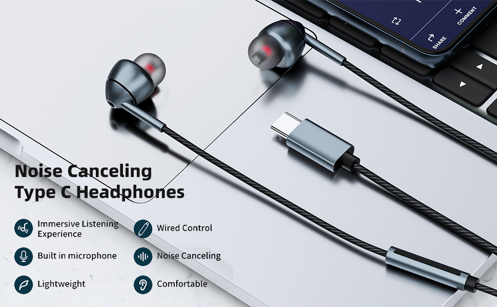 USB C Headphones Wired Earbud Digital USB Type C Earphones with Mic Remote Control Noise Cancelling