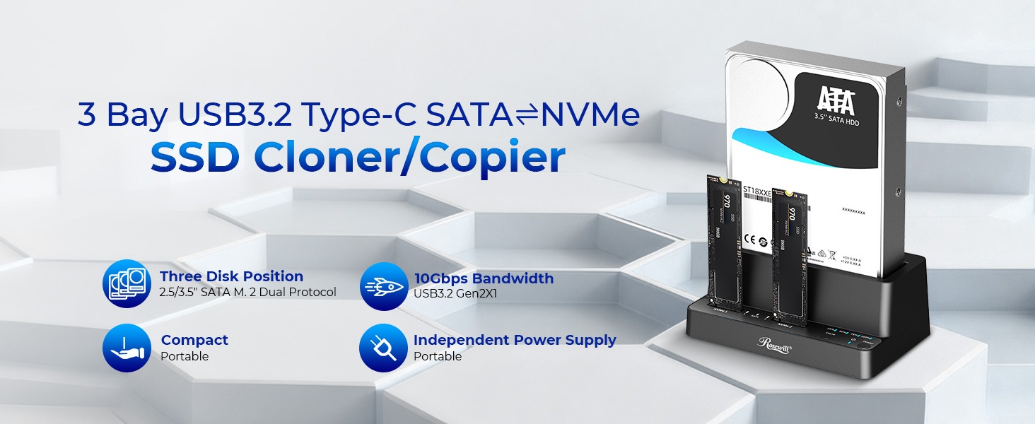 Rosewill RS-N2S-CL M.2 NVMe & SATA SSD / 2.5" & 3.5" HDD Hard Drive Cloner & Reader Docking Station