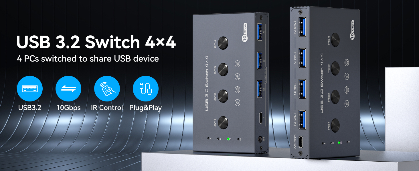 USB 3.2 Switch Selector for 4 Computers Share 1 USBC & 3 USB A Devices 10Gbps, 4 Port 4x4 USB Switch