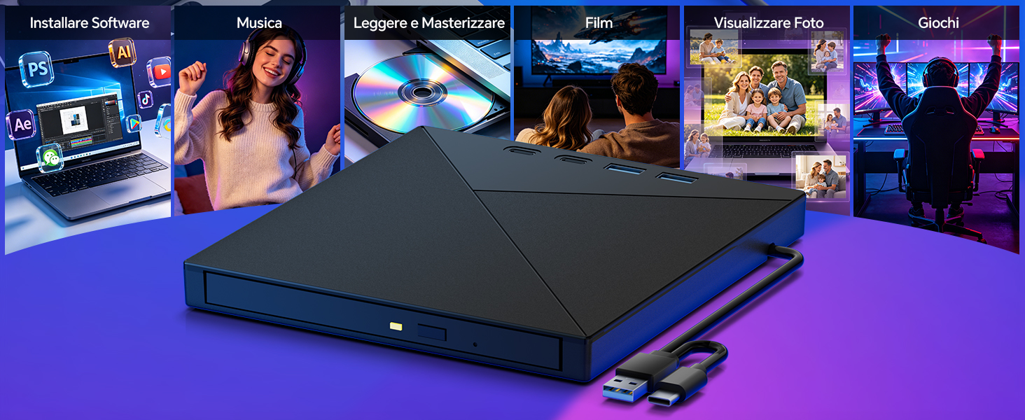 External CD DVD Drive for Laptop PC, External DVD CD Burner, USB 3.0 Type C External CD Drive