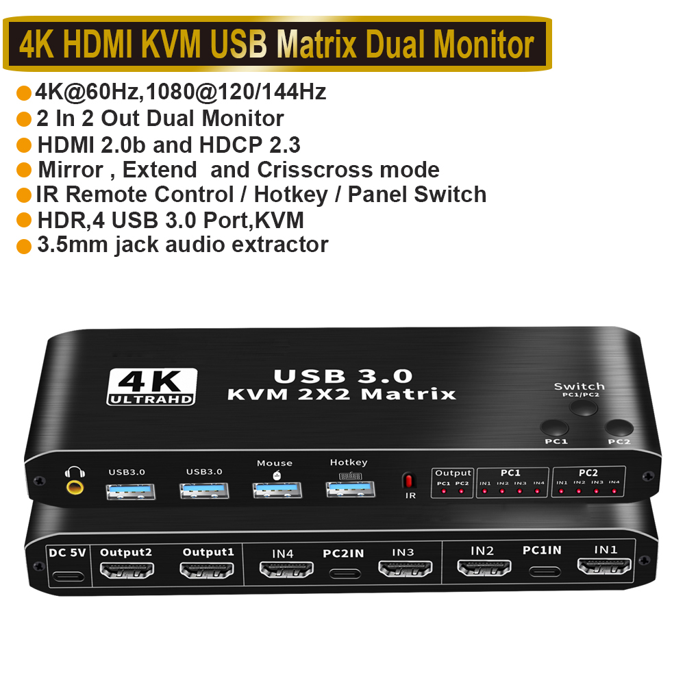 2X2 Dual Monitor HDMI KVM Switch 4K 60Hz 2 Port USB KVM Switcher