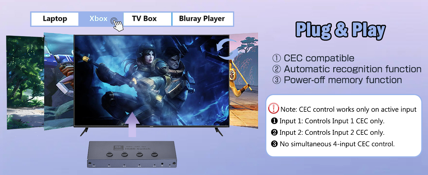 The HDMI Swicth allows you to switch between 4 HDMI sources to one HDMI display (4 in 1 out), the HD