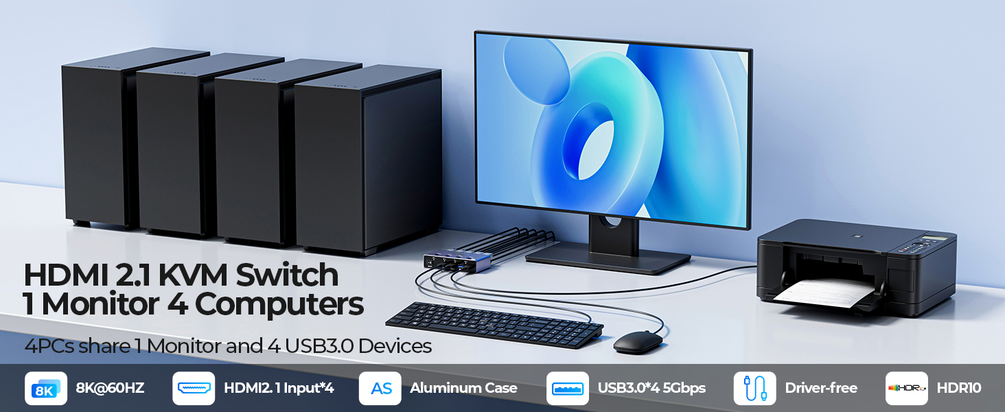 8K@60Hz HDMI KVM Switch 4 Computers Share One Monitor with 4 USB 3.0 Ports, Aluminum HDMI USB 3.0 KV