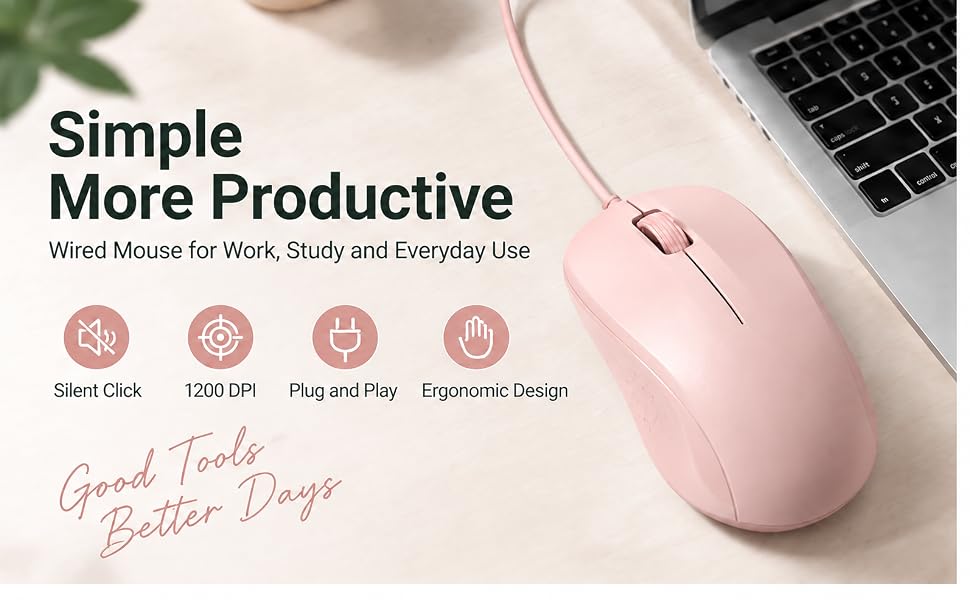 Silent Wired Mouse, 1200 DPI Ergonomic USB Computer Wired Mouse for Office & Home, Plug & Play, Wire