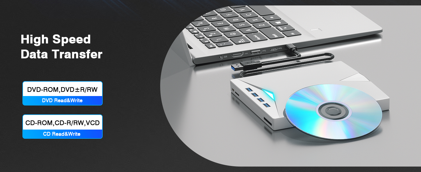 External CD/DVD Drive for Laptops PC, 7 IN 1 Portable DVD Drive CD Burner CD-ROM DVD-/+RW Writer Rea