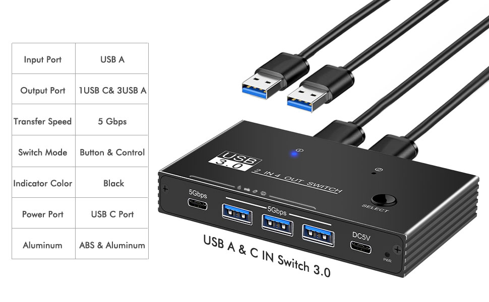 USB 3.0 Switcher for 2 Computers Sharing USB C & A Devices, 4 Port USB 3.0 Switch Selector, 2 in 4 O