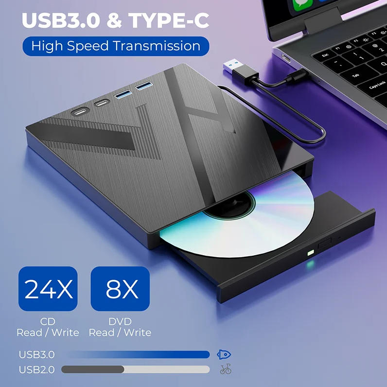 7-in-1 External CD/DVD Drive, USB 3.0 & Type-C External DVD Drive , Portable CD/DVD RW Player Burner