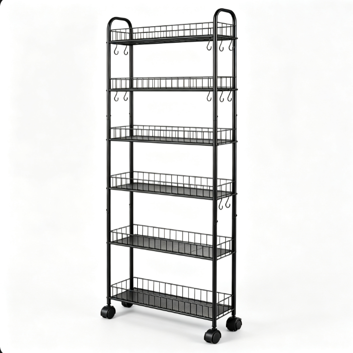 6-tier narrow rolling metal storage cart with side hooks, slim wire shelving unit for kitchen bathro