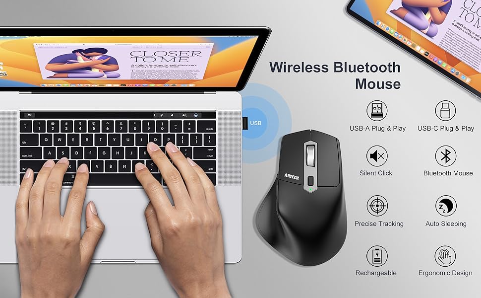 Hitoor Multi-Device Wireless Bluetooth Mouse with Nano USB-A, USB-C Receiver Ergonomic Right Hand Si
