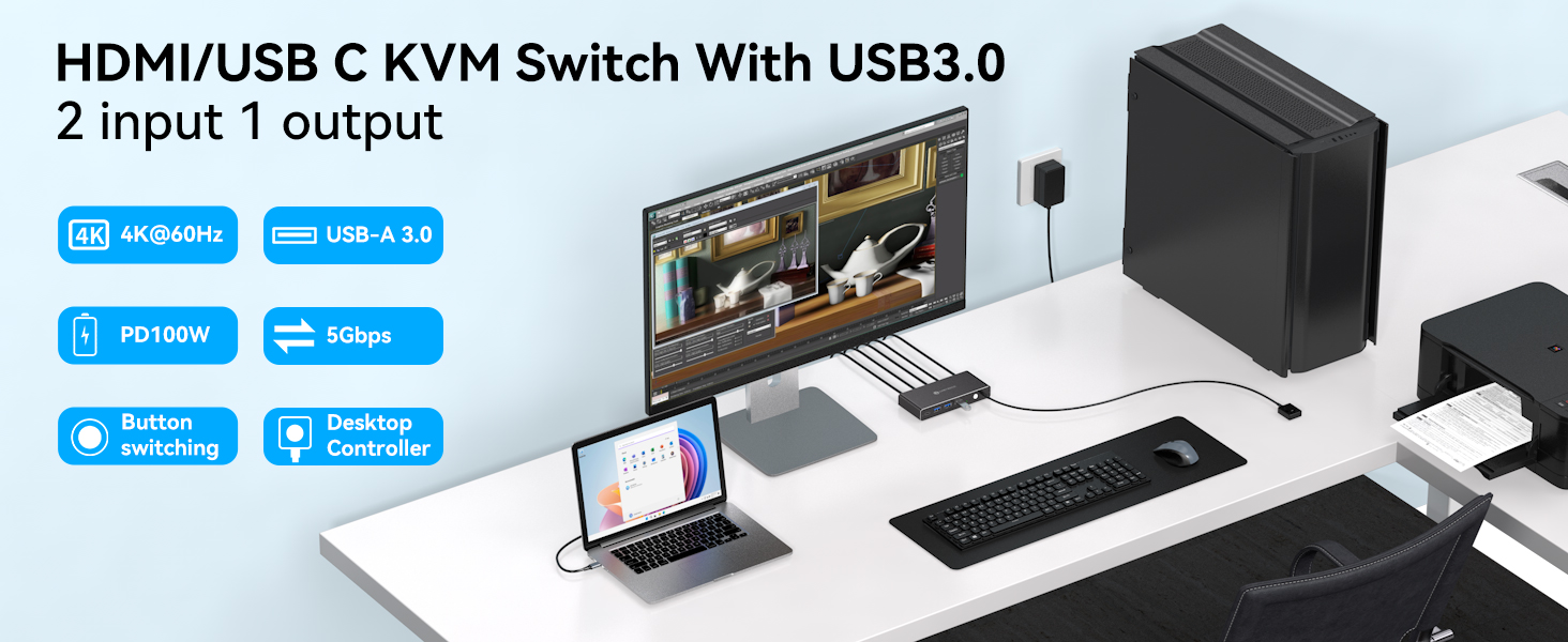 KVM Switch 1 Monitors 2 Computers 4K@60Hz USB C HDMI KVM Switch 2 Port for 1 Laptop 1 Desktop Share