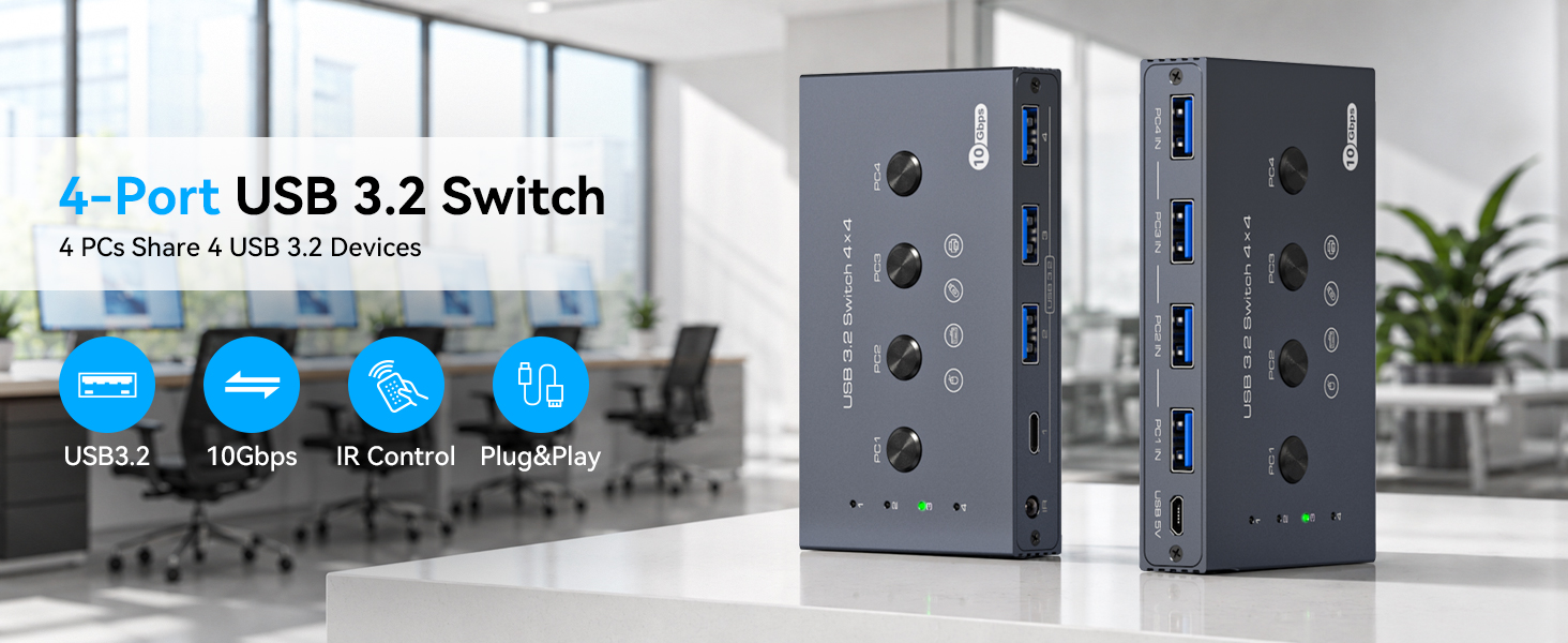 10Gbps 4x4 USB 3.2 Switch 4 Computer share 4 USB 3.2 Port USB 3.2 Switcher Selector 4 In 4 Out USB S