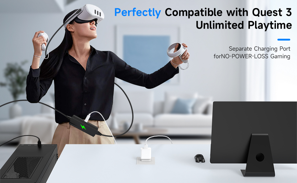 The Link Cable includes a USB C charging port, allowing you to play VR games on the Quest2 for exten