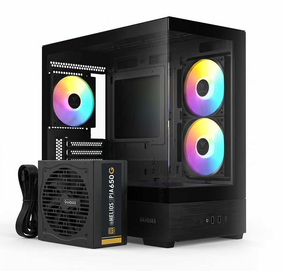 GAMDIAS ATLAS E5M GPU-Airflow Micro-ATX Case & HELIOS P1-650G 650W 80+ Gold PSU Combo Starter Kit