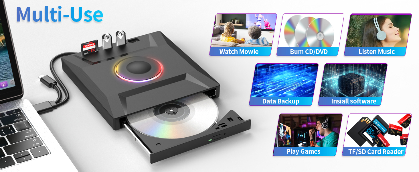 6 in 1 External DVD Drive, USB 3.0 & Type-C CD Burner Player with 3 USB Ports and 2 TF/SD Card Slots