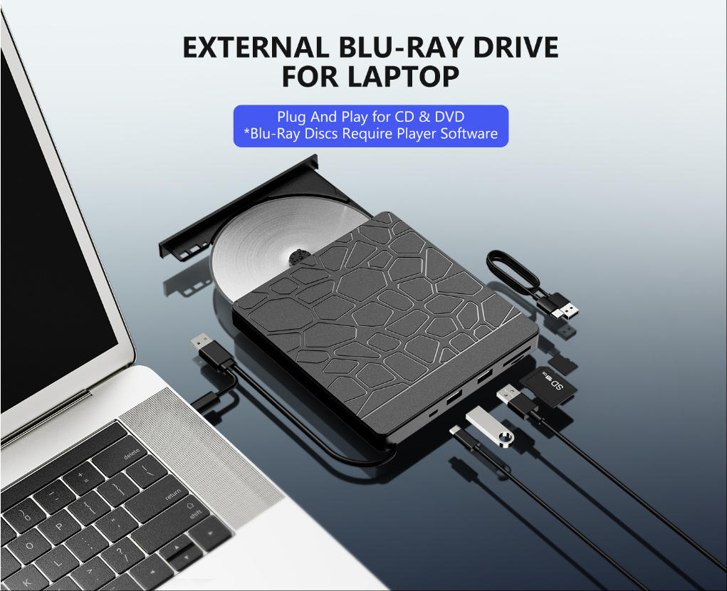 5-in-1 External Blu-ray Drive for Laptops, USB 3.0 & Type-C BD Reader, DVD/CD Burner with Dual USB-A
