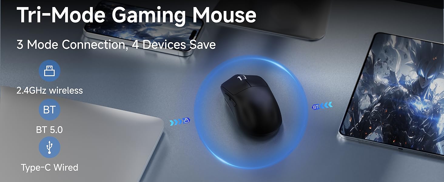 Wireless Gaming Mouse, PAW3311 Sensor, 49g Lightweight Mouse, 12000 DPI, 2.4G/BT5.0/USB-C Tri-Mode G