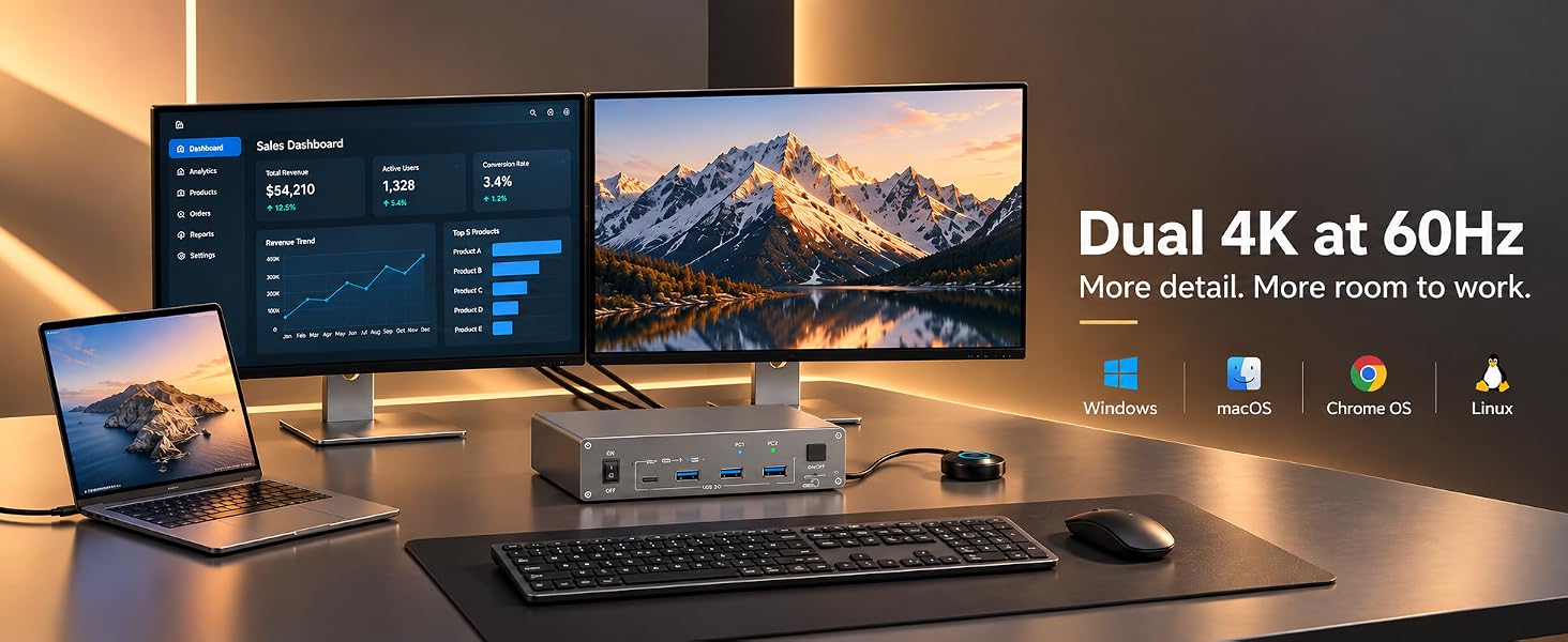 4K@60Hz KVM Switch 2 Monitors 1 Laptop 1 Desktop, USB C Docking Station KVM Switch for 1 Desktop 1 L