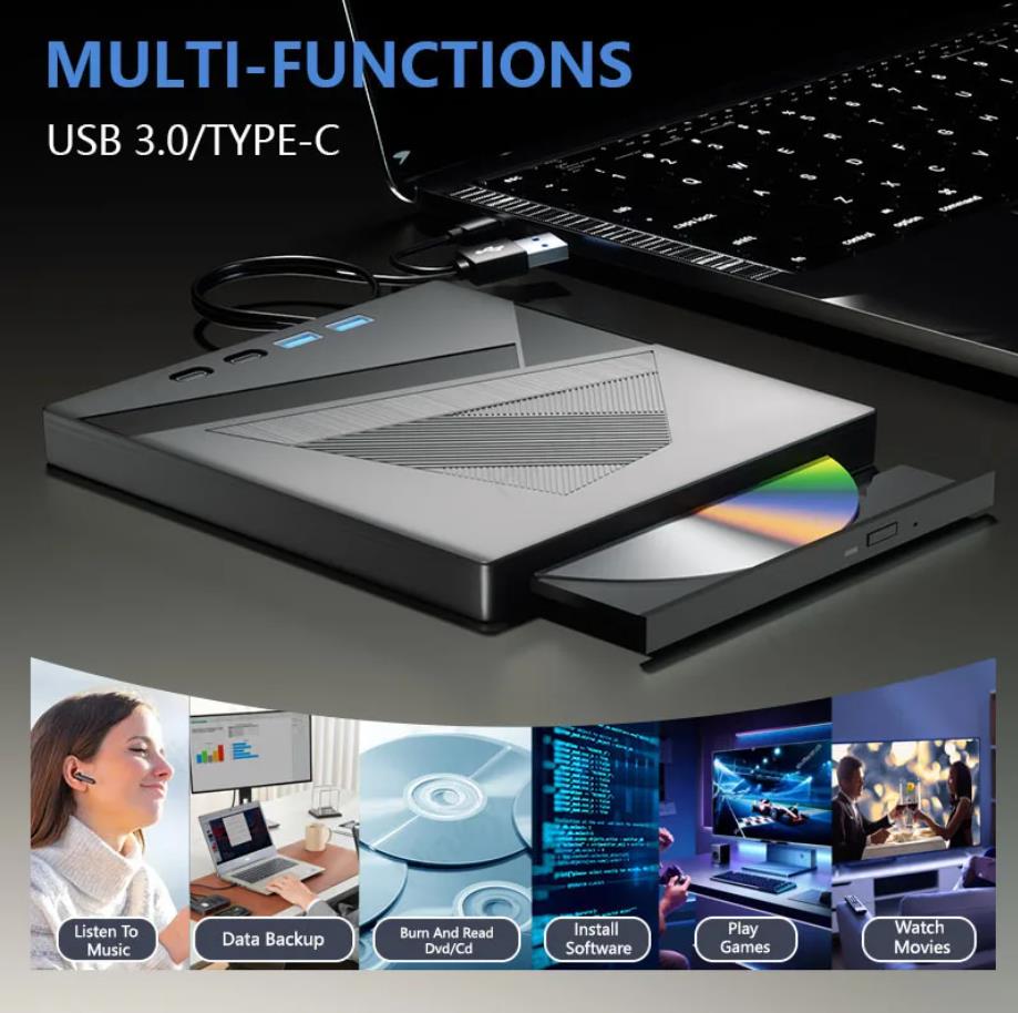 7-in-1 External CD/DVD Drive for Laptop, USB 3.0 and Type-C Portable DVD Player CD/DVD +/-RW Burner