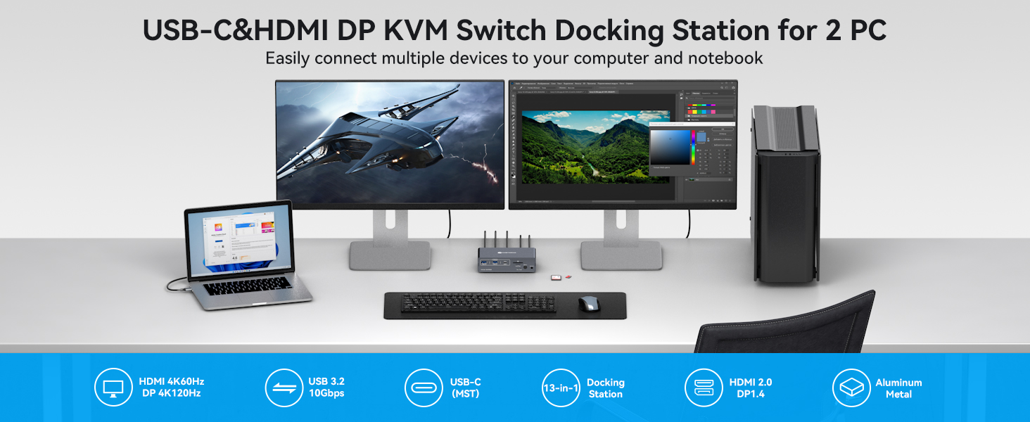 AUTYUE KVM Switch 2 Monitors 2 Computers USB C Docking Station with 4K60Hz HDMI and 4K120Hz DP KVM