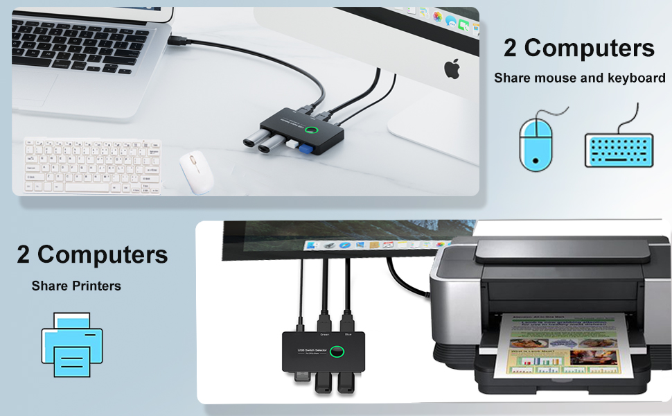 Ideal USB Switcher 2 Computers Sharing 4 USB Devices, Free Your Desk Space and Save Your Time!