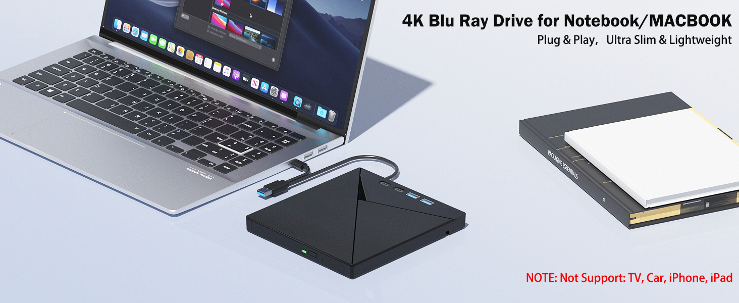 7 in 1 External Blu Ray Drive, 4K Blu Ray Burner, USB 3.0 Type-C Portable Blu Ray Drive